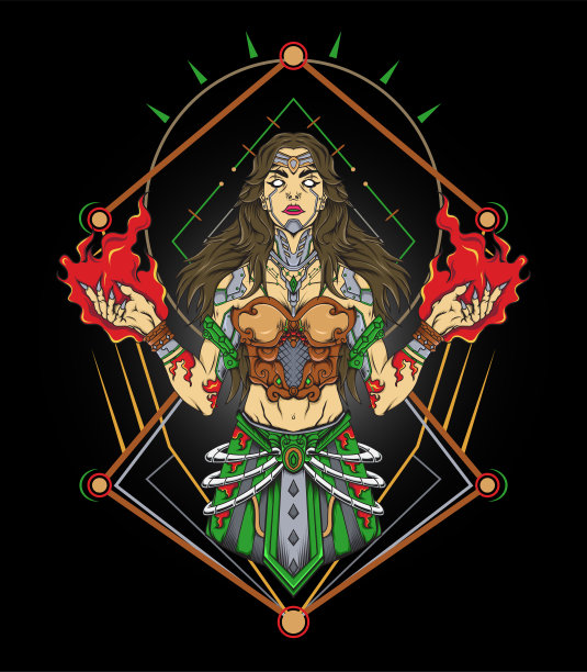 在神圣的背景中，手握火的漂亮女巫图片下载