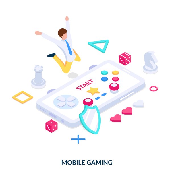 手机游戏的概念。一个游戏手柄形式的智能手机，周围是游戏图标和一个快乐的人。图片下载