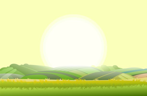 春天多汁的草地。乡村景观有草地和果园，农民丘陵。可爱有趣的卡通设计。平的风格。黄色的早晨的天空。向量图片下载