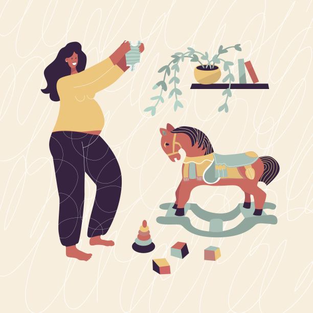 孕妇正在准备婴儿房。孤立的元素。矢量插图。海报，印刷，卡片设计。木马，方块，玩具，书籍，植物，童心丁香，快乐的妈妈，女孩在等着宝宝。图片下载