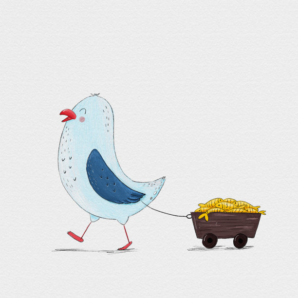 有趣的海鸥用绳子拉着鱼车。明信片。图片下载