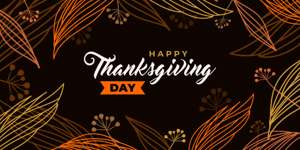 感恩节快乐。矢量横幅，贺卡与文字感恩节快乐的社会媒体。小插图，与秋天的树叶和浆果框架。橡木的橙色叶子，黑色背景上的灰烬。图片下载