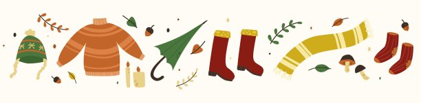 矢量插图的温暖的秋天衣服:毛衣，围巾，橡胶靴，袜子和帽子。秋天属性的主题插图。图片下载