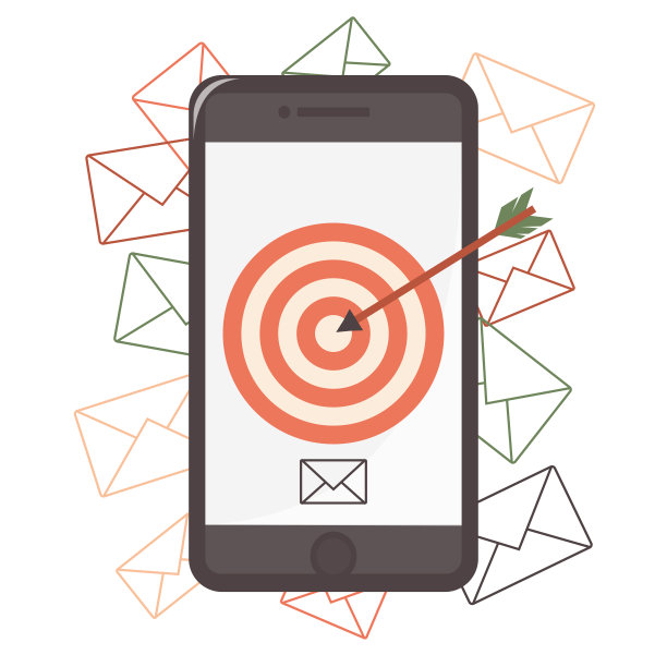 移动设备上的电子邮件营销。目标和信封图标。一种用于通讯和商业的现代小工具。向量。图片下载