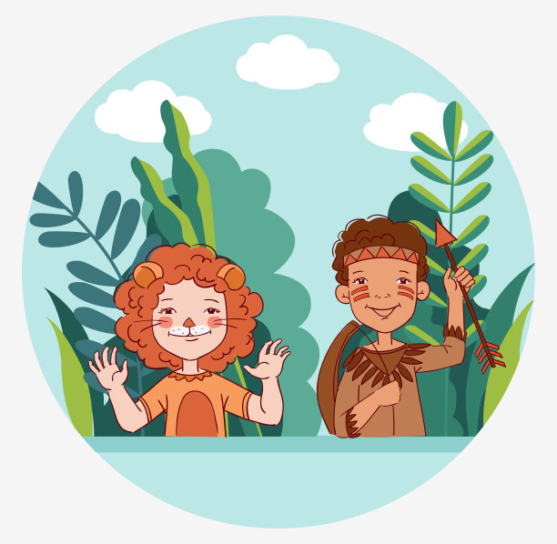 可爱的孩子们穿着狂欢节的服装。矢量图图片下载