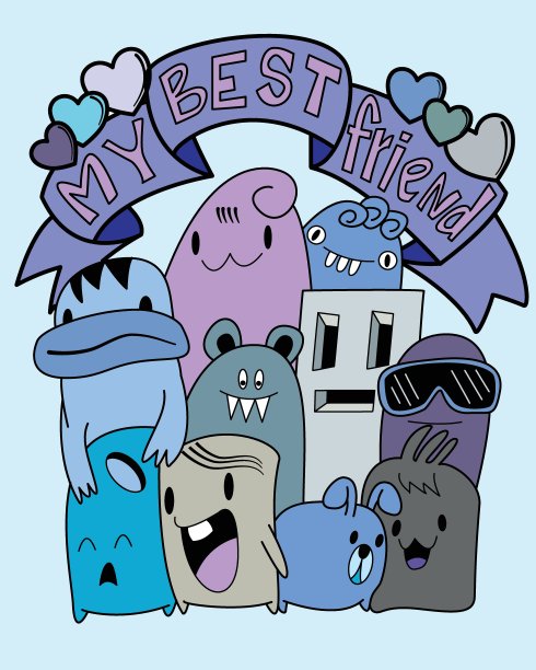 卡通可爱的怪物，怪物派对卡设计矢量插图，手绘图片下载