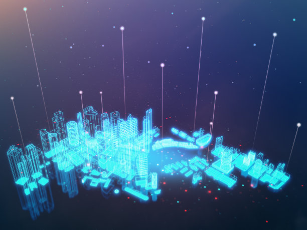 在物联网或智慧城市概念的黑屏全息建筑。图片下载