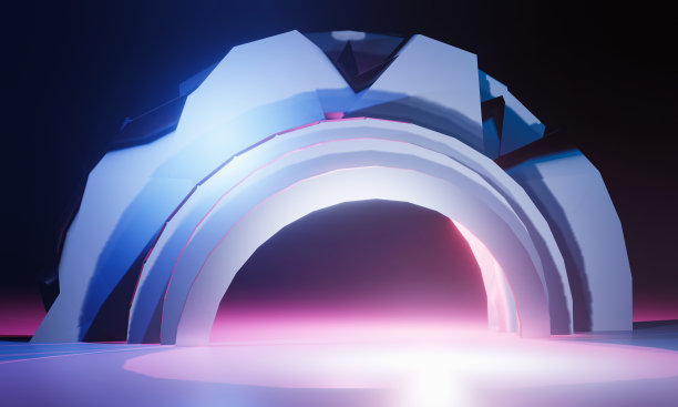 暗室里的紫罗兰色和蓝色的未来主义装备门。产品，人物放置模型背景，3D渲染图片下载