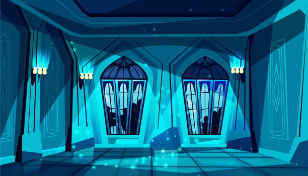 城堡舞厅在夜晚哥特式大厅图片下载