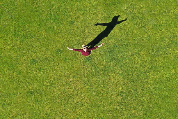 鸟瞰图中的快乐女人张开双臂仰望天空图片下载