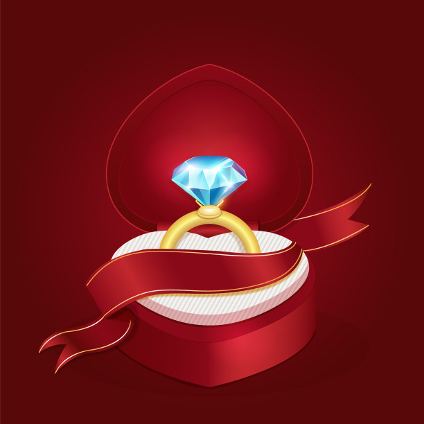 金戒指，镶着大钻石和红丝带图片下载