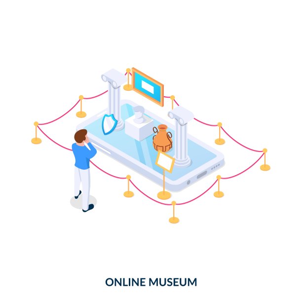 在线博物馆的概念。在白色背景上的等距矢量插图。图片下载