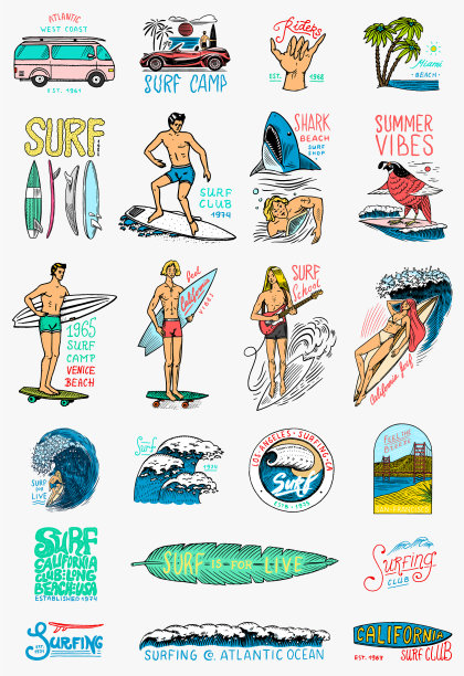 冲浪徽章，复古冲浪标志，复古波浪和图片下载