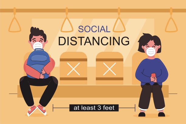 社会距离。防弹少年团(BTS)空中列车上的乘客戴着外科口罩，与乘客保持距离，以预防新型冠状病毒感染。关于公共交通中COVID-19爆发和预防的想法。图片下载