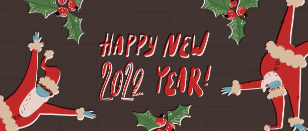 圣诞老人戴着医用口罩和乳胶手套跳舞横幅模板。祝福新的2022年，格子棕色背景上的槲寄生。2019冠状病毒病大流行期间的圣诞节假期图片下载