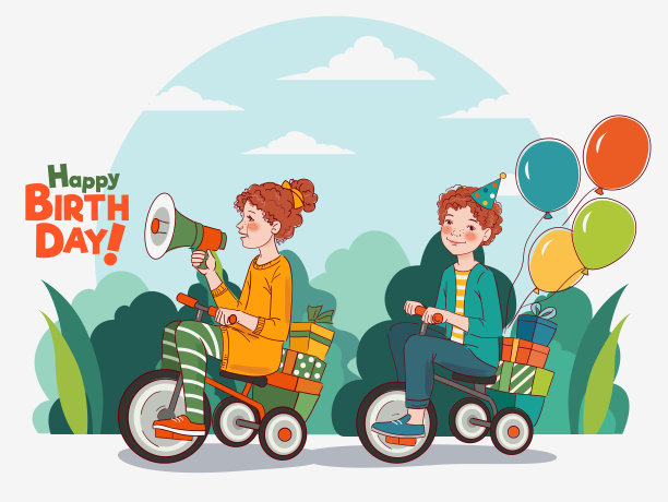 可爱的男孩和女孩骑自行车。有趣的孩子玩得很开心。生日快乐矢量插图。女孩对着扩音器大喊图片下载