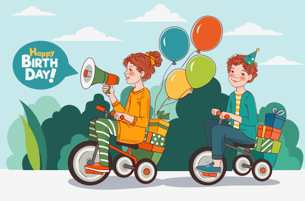 可爱的男孩和女孩骑自行车。有趣的孩子玩得很开心。生日快乐矢量插图。女孩对着扩音器大喊图片下载