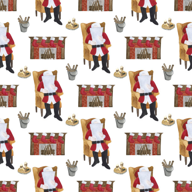 无缝圣诞图案与圣诞老人，壁炉，柴火，蜡烛。水彩插图。图片下载