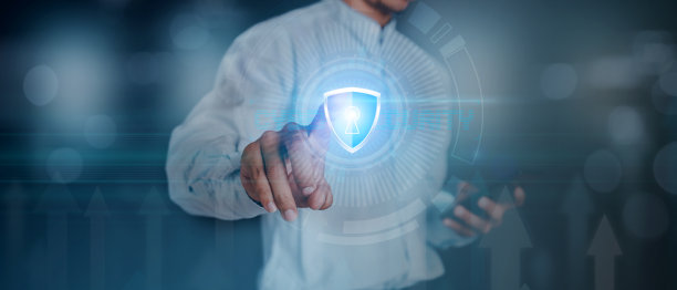 数据或网络保护，商家按屏蔽图标，网页按钮，病毒网络安全。保险数字犯罪的黑客概念。信息安全对抗病毒，系统二进制矩阵。图片下载