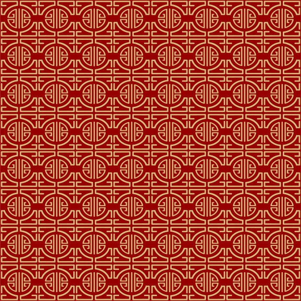 红色背景上的金色帝王蝶-复古中式无缝图案。图片下载