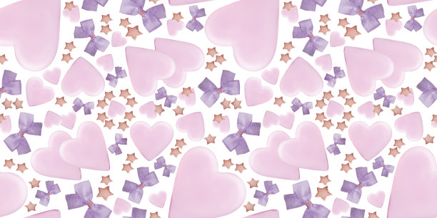 粉红色无缝图案在白色背景上，用于礼品包装，纺织品等东西。重复的心，弓和星星图片下载