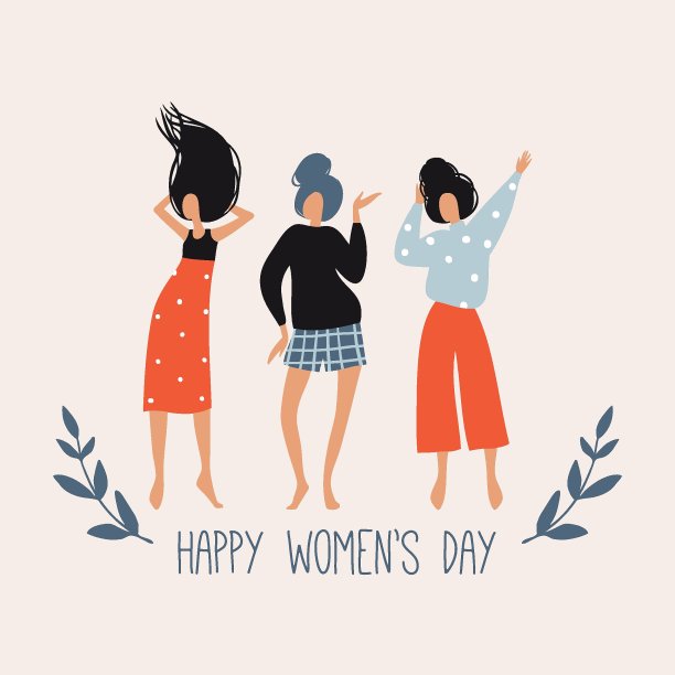 妇女节快乐。矢量模板与可爱的舞蹈女孩，叶子和鲜花。春节贺卡，海报设计国际妇女节8月8日假期。平面手绘涂鸦插图图片下载
