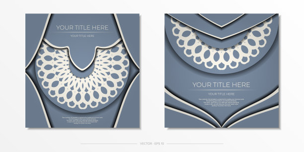 蓝色明信片设计与豪华的装饰。带有复古图案的时尚邀请。图片下载