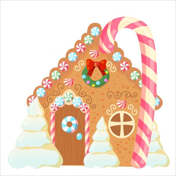 用奶油和各种糖果装饰的姜饼屋。圣诞节的治疗。明亮的装饰元素。矢量插图孤立的白色背景。图片下载