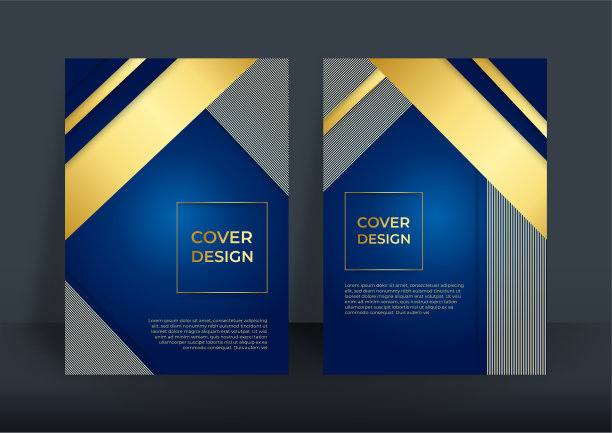 商业封面设计模板。蓝色主题，金色元素。小册子模板布局，蓝色封面设计，商业年度报告，传单，杂志图片下载