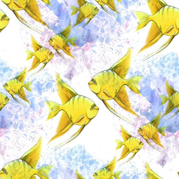 无缝图案的金色鱼在水彩背景图片下载