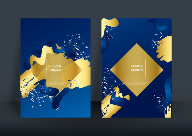 蓝色封面设计模板与笔刷和金色线条艺术装饰。抽象的背景设计。现代未来主义技术背景矢量插图。流体梯度形状组成。游戏设计海报图片下载