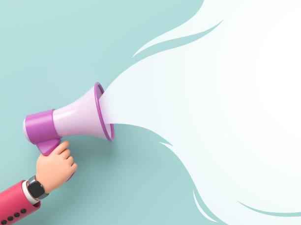 3d渲染，卡通人物手在红袖，手与扩音器空白横幅复制空间，蓝色背景。广告海报模型，注意概念图片下载