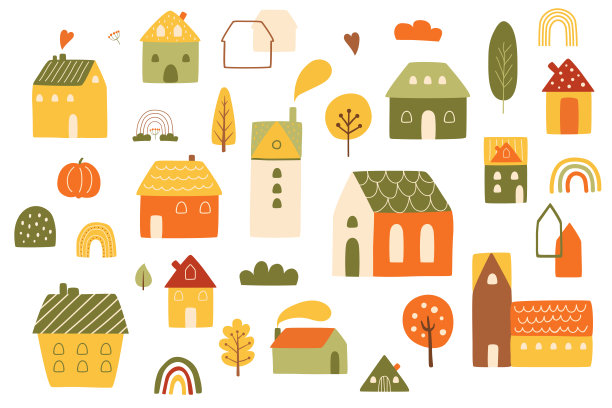 秋天的房子。乡村秋景元素。木屋，秋天的树，秋天的彩虹，村庄图片下载