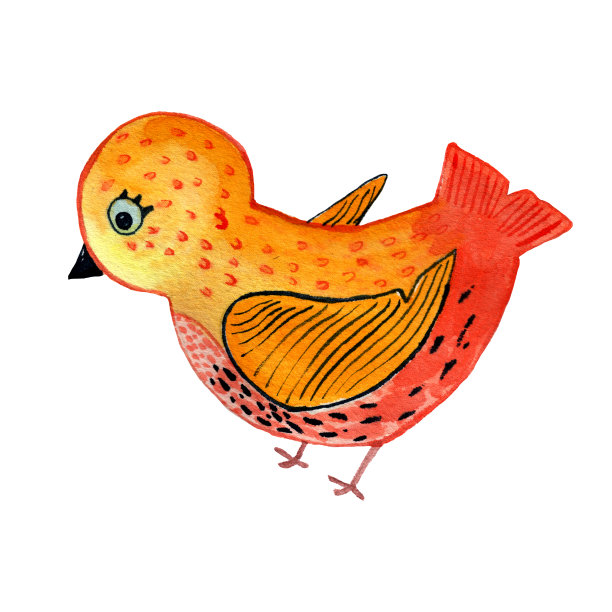 坐在橙色水彩画卡通风格孤立的鸟图片下载
