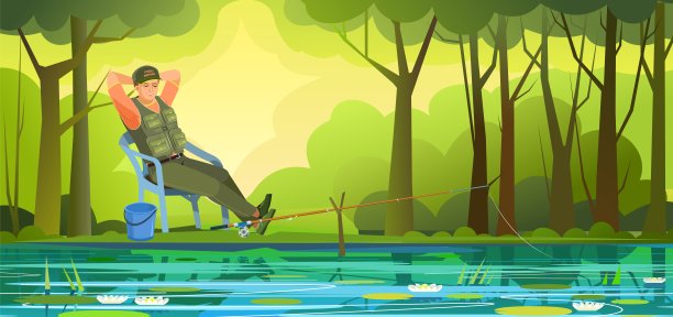 渔夫钓鱼。他舒舒服服地坐在树荫下的一把椅子上。河边有睡莲，景色不错。夏天的风景。说明向量图片下载