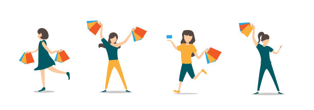 女人带着购物袋向量，购物女人拿着包裹，五颜六色的袋子，手机和信用卡。节日庆典,购物狂图片下载