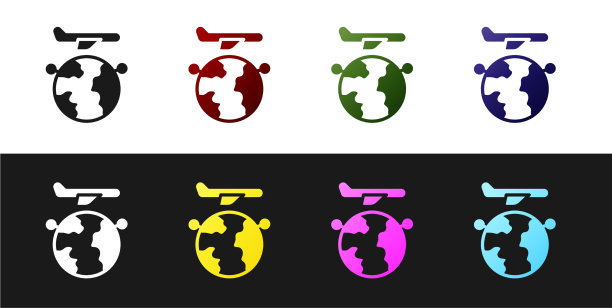 设置球体与飞行飞机图标隔离在黑色图片下载