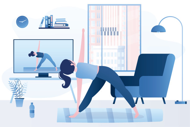 电视屏幕上的在线瑜伽课程。美女以三角姿势站着。视频课程技术，远程锻炼。在家健身图片下载