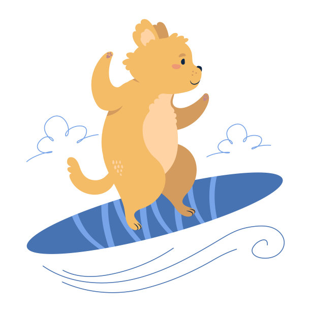 狗冲浪者在冲浪板上滑行。可编辑的矢量图图片下载