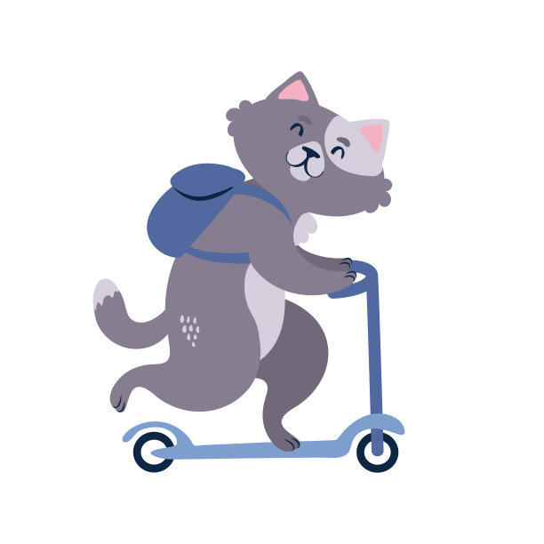 骑在踏板车上的猫。可爱的动物角色矢量插图。图片下载