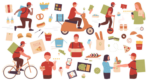 快餐外卖服务套装，快递员骑自行车、踏板车送外卖图片下载