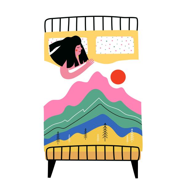 矢量插图的年轻女子睡在毯子与自然景观的打印。图片下载