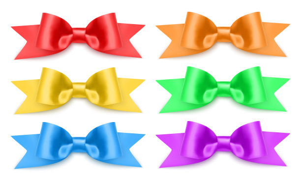 一套现实的弓紫色，蓝色，黄色和绿色的颜色装饰明信片，假日盒子等，弓装饰在一个白色的背景，矢量插图图片下载