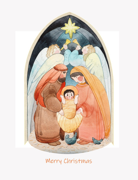 圣诞水彩插画的诞生场景:新生的耶稣基督，受祝福的圣母玛利亚，约瑟夫，天使和伯利恒之星。圣诞基督教贺卡，印刷品图片下载