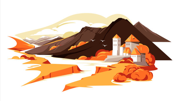 罗马风格的山堡在秋天的景观。欧洲、法国、德国、佐治亚平面彩色插图图片下载