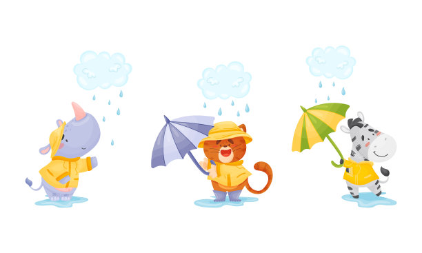 微笑的动物穿着外套走在水坑图片下载