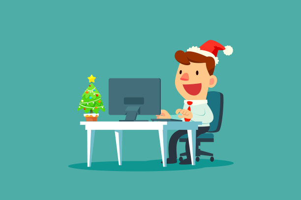 商人戴着圣诞老人的帽子工作图片下载