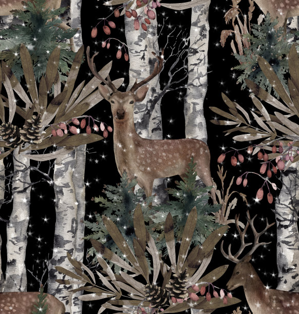 鹿站在森林中，与桦树和冷杉树的背景无缝的格局。用水彩画出秋天的背景图片下载