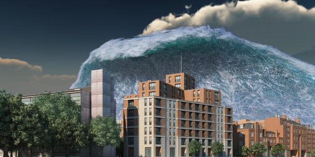 海啸波浪启示水景城市洪水风暴。3D插图图片下载