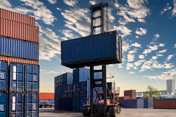 叉车在仓库内装卸集装箱箱，商业和工业的重型工人的货物和运输图片下载